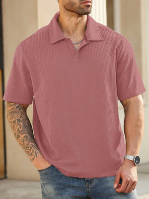 Zilcon Self Design Men Stylised Neck Pink T-Shirt