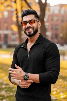 TheTrendyTailor Self Design Men Polo Neck Black T-Shirt