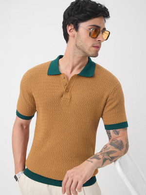 The Souled Store Solid Men Polo Neck Yellow T-Shirt
