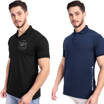 Stroove Printed Men Polo Neck Black, Blue T-Shirt