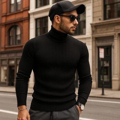clothyy Striped Men High Neck Black T-Shirt