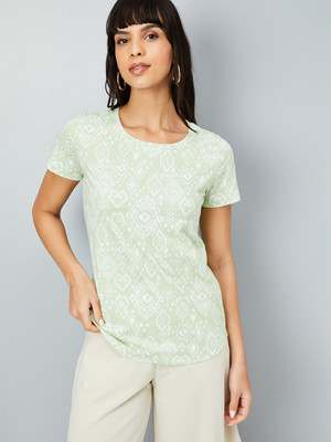 MAX Printed Women Round Neck Green T-Shirt