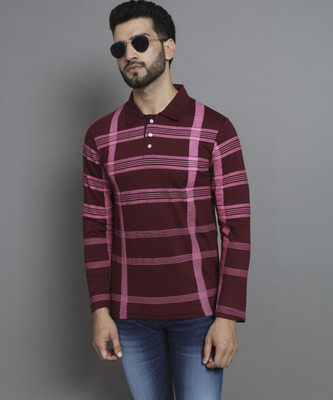 EMERALD Striped Men Polo Neck Maroon T-Shirt