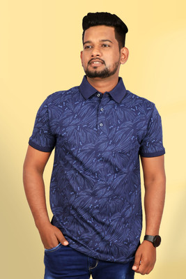 RFTRENDWORLD Floral Print, Printed Men Polo Neck Dark Blue T-Shirt