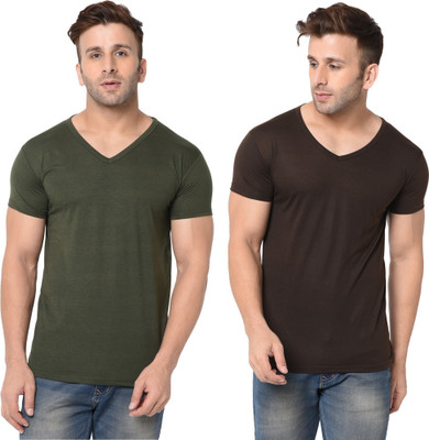 JB Jangoboy Solid Men V Neck Dark Green, Brown T-Shirt