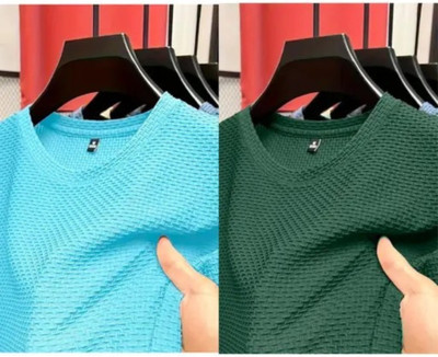 At Last Fashion Self Design Men Round Neck Blue, Green T-Shirt