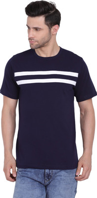 Styvibe Striped Men Round Neck Navy Blue T-Shirt