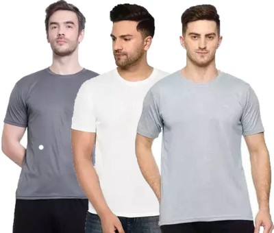 Diwazzo Solid Men Round Neck Grey, White T-Shirt