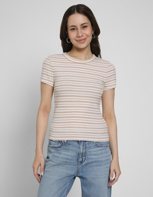 American Eagle Striped Women Crew Neck White T-Shirt