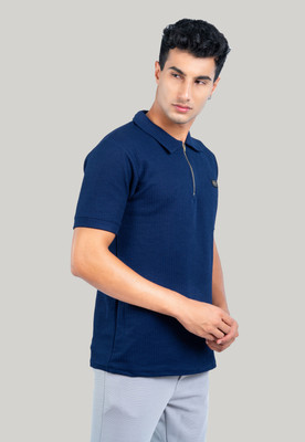 Fashion Territory Self Design Men Polo Neck Navy Blue T-Shirt