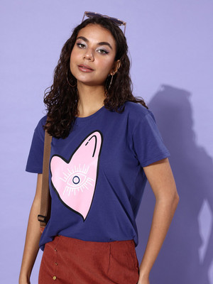 DILLINGER Printed Women Round Neck Navy Blue T-Shirt