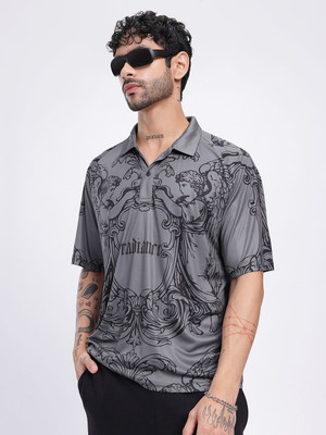 Glitchez Printed Men Polo Neck Grey T-Shirt