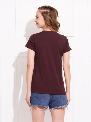QUIRA Solid Women Round Neck Maroon T-Shirt