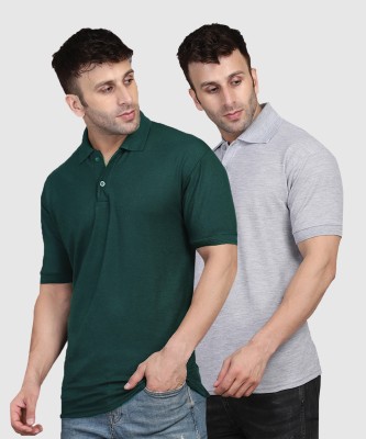 INKKR Solid Men Polo Neck Green, Grey T-Shirt