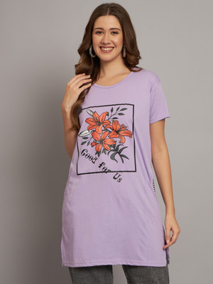 ADIROX Printed Women Round Neck Purple T-Shirt