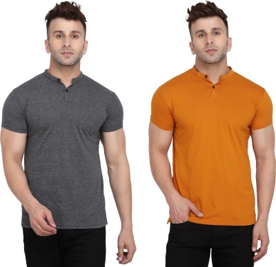 Blisstone Solid Men Mandarin Collar Gold, Grey T-Shirt