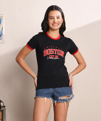 silver threads Printed Women Round Neck Black T-Shirt