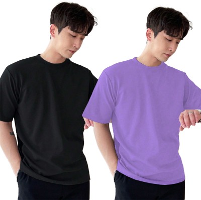 AJOLLI Solid Men Round Neck Black, Purple T-Shirt