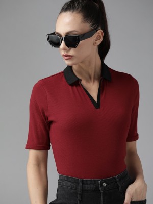 Roadster Solid Women Polo Neck Maroon T-Shirt