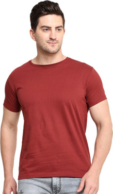 PATEL HUB Solid Men Round Neck Maroon T-Shirt