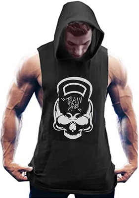 SPOWEARY Graphic Print Men Hooded Neck Black T-Shirt
