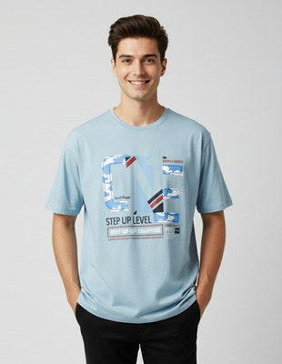 SAND PIPER Printed Men Round Neck Light Blue T-Shirt