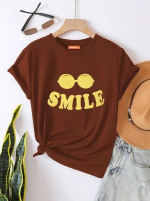 BASE 41 Typography Women Round Neck Brown T-Shirt