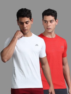 JILZ Solid Men Round Neck White, Orange T-Shirt