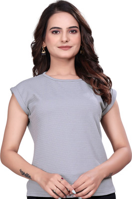 Dholakiya Empire Vibe LLP Self Design Women Round Neck Grey T-Shirt