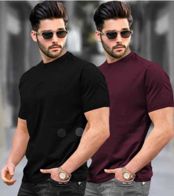 Faizan Creation Solid Men Round Neck Maroon, Black T-Shirt