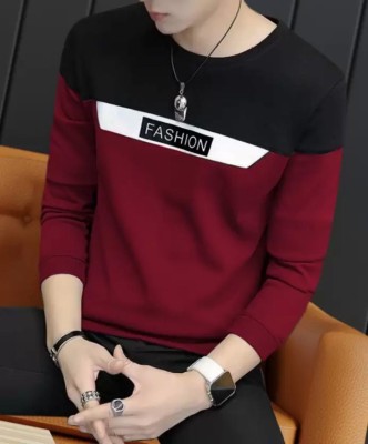 FAOES Colorblock Men Round Neck Maroon, Black T-Shirt