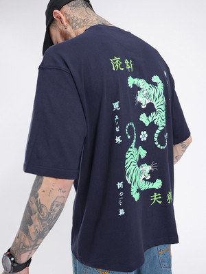 Glitchez Printed Men Round Neck Blue T-Shirt