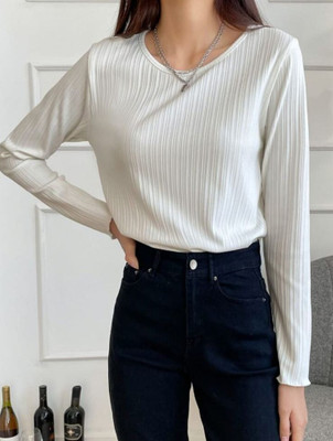 StreetWardrobe Self Design Women Round Neck White T-Shirt