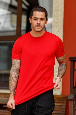 Wanglet Solid Men Round Neck Red T-Shirt