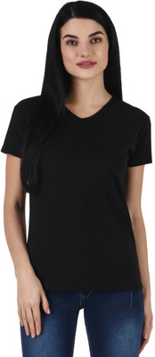 ADIROX Solid Women V Neck Black T-Shirt