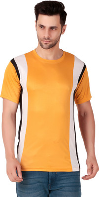 VibePulse Striped Men Round Neck Yellow T-Shirt