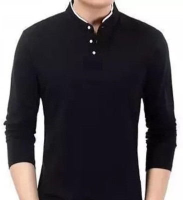 ApheFashion Solid Men Mandarin Collar Black T-Shirt