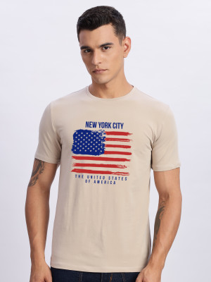 ADRO Printed Men Round Neck Beige T-Shirt