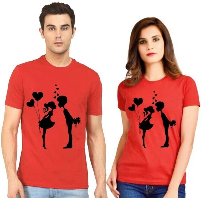 Couple Trends Graphic Print Couple Round Neck Red T-Shirt