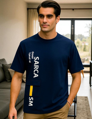 FASHIUM Printed Men Round Neck Navy Blue T-Shirt