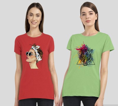 METRONAUT Printed Women Round Neck Red, Light Green T-Shirt