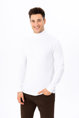 Celsus Solid Men Turtle Neck White T-Shirt