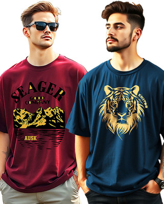 AUSK Graphic Print Men Round Neck Dark Blue, Maroon T-Shirt