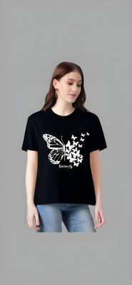 Royal Creations By Rv Printed Women Round Neck Black T-Shirt