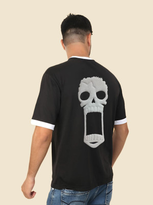 dos herman Self Design Men Round Neck Black, White T-Shirt