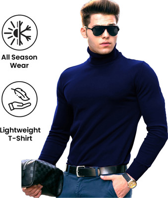 AUSK Solid Men High Neck Blue T-Shirt