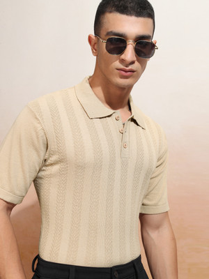 HIGHLANDER Self Design Men Polo Neck Beige T-Shirt