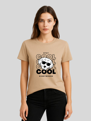 Merag Printed Women Round Neck Beige T-Shirt