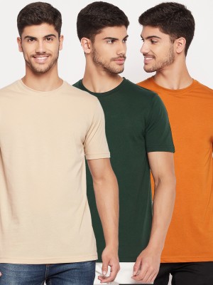 UNIBERRY Solid Men Round Neck Dark Green, Orange, Beige T-Shirt