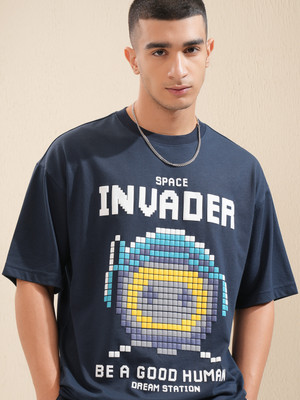 HIGHLANDER Printed Men Round Neck Navy Blue T-Shirt